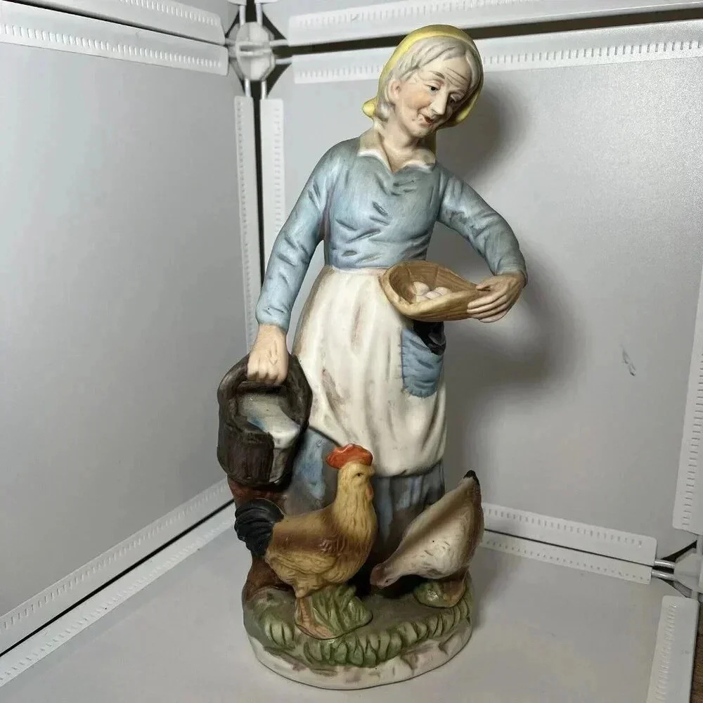Vintage Homco Woman Farmer Chicken Eggs #1434 Bisque Porcelain Figurine